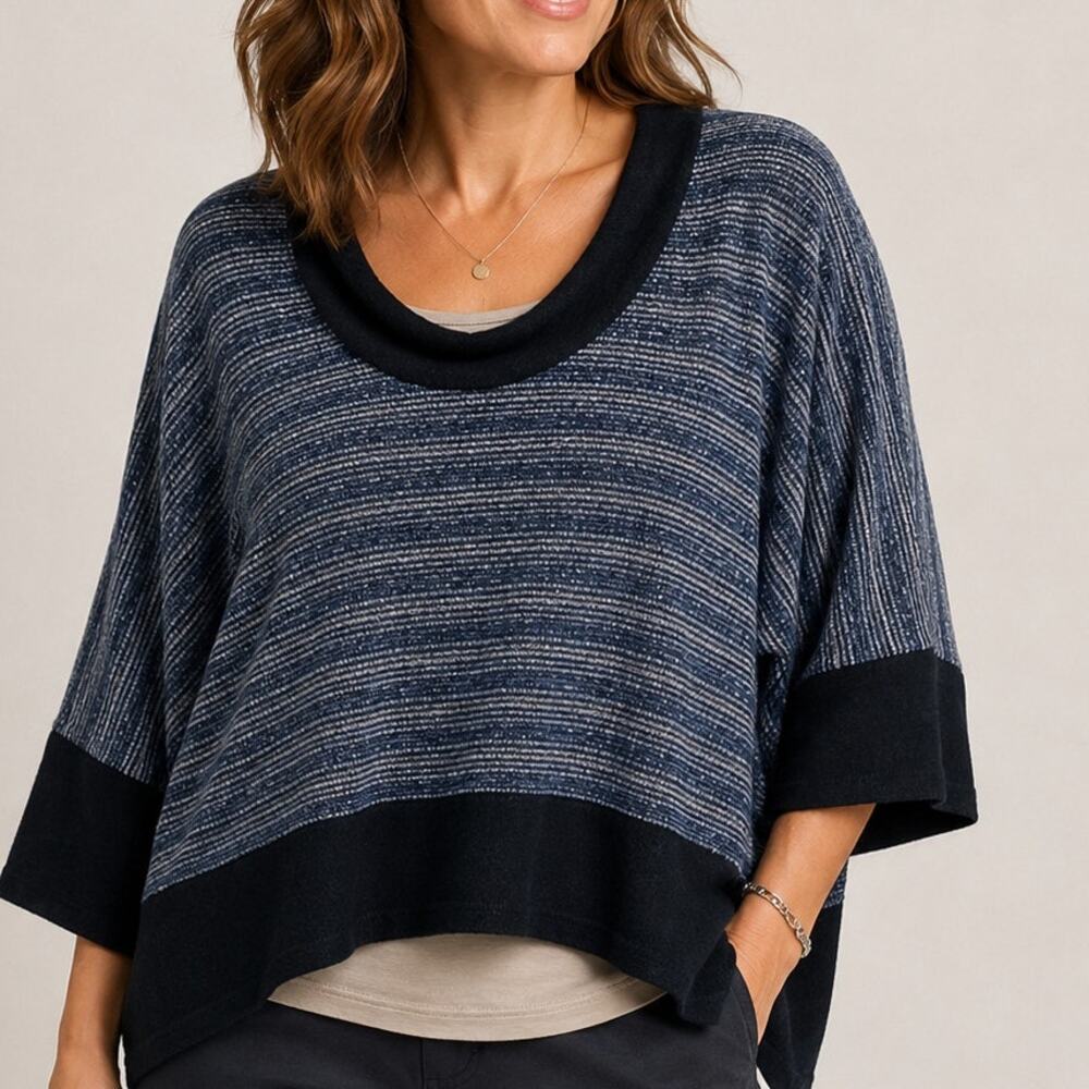 Keekoo Design Boxy Dolman Sleeve Knit Top size 10/12 Blue Stripe Black Trim Arty